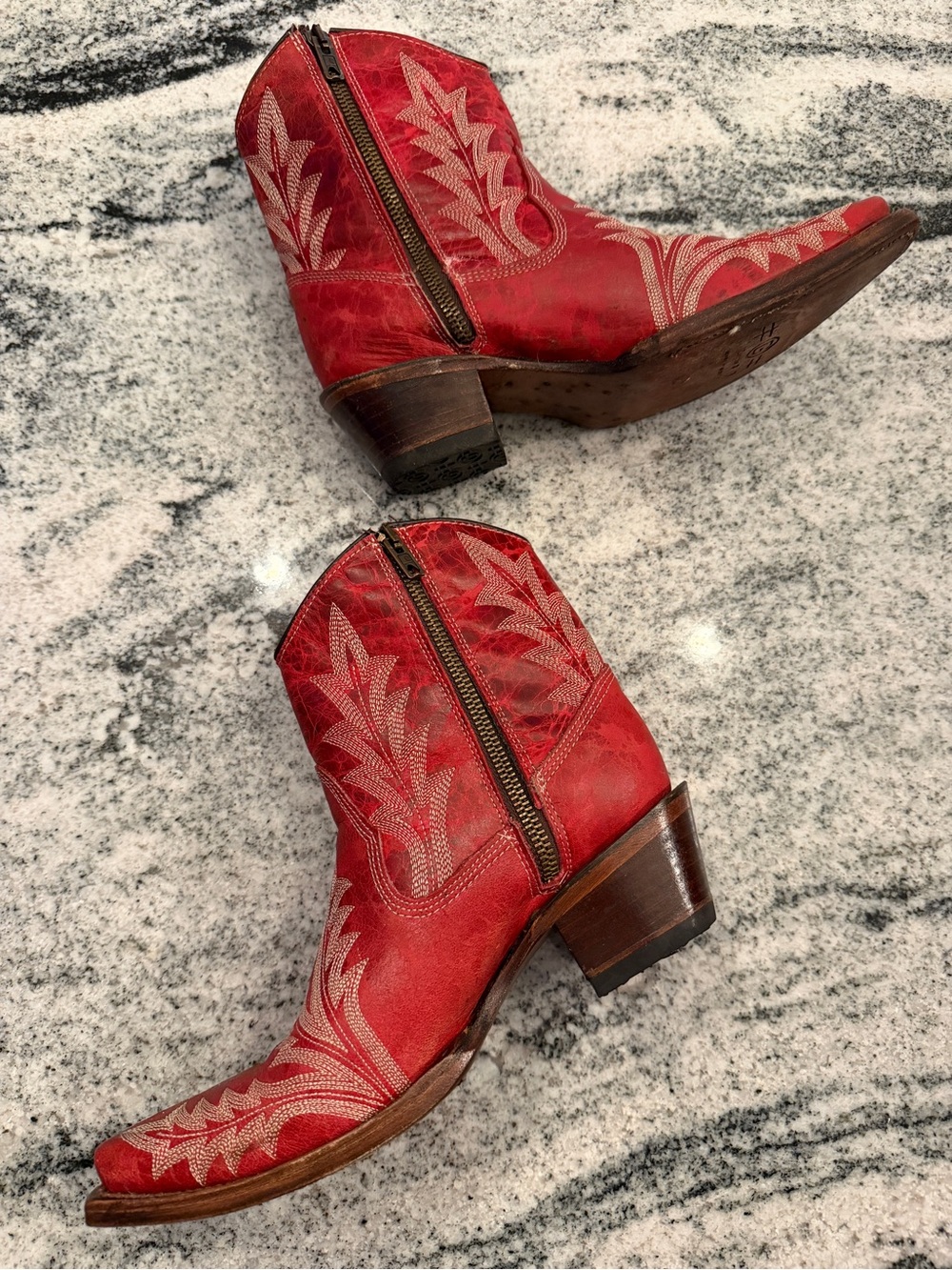 Red Leather Western Ankle Booties with Embroidered Detail - Picture 4 of 12
